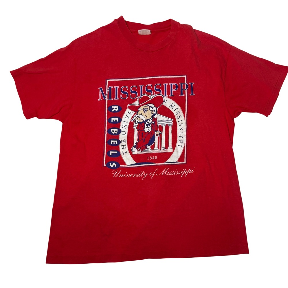 Vintage Ole Miss Colonel Rebel TShirt Red Mens Size XL University of Mississippi
